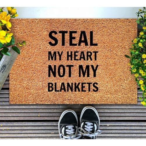 Steal My Heart Not My Blankets Coir Mat Family Phrase Door Mats Rustic Thick Durable Non Slip Mat for Outside Home High Traffic Area 24x36in