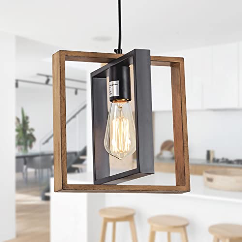 Black Farmhouse Pendant Light,1-Light Small Chandelier,Wood Dining Room Light Fixture with Adjustable Cord,Hanging Lights for Hallway, Kitchen Island, Foyer, Entryway
