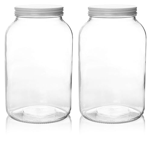 kitchentoolz 1 Gallon Glass Jar with Lid Wide Mouth Large Mason, Leak Proof Airtight Metal Lid for Fermenting Kombucha Kefir Kimchi, Canning, Egg Water Glassing, & Preserving - Pack of 2