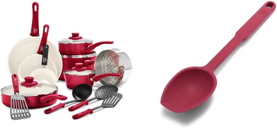 GreenLife Soft Grip Healthy Ceramic Nonstick 16 Piece Cookware Pots and Pans Set, PFAS-Free, Dishwasher Safe, Red & Soft Grip Healthy Ceramic Nonstick 16 Piece Cookware Pots and Pans Set, Red