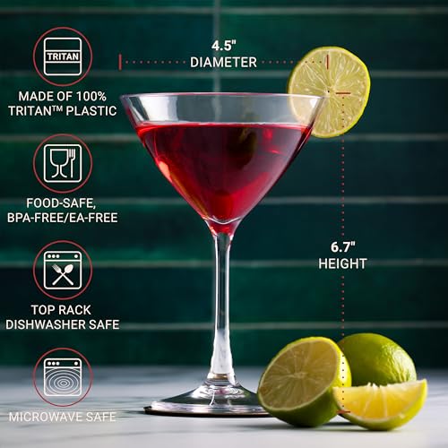 Plastic Martini Glasses, Unbreakable Premium Quality Drinkware, Tritan Reusable Coupe Glassware, BPA-Free Dishwasher-Safe Cups, 8 oz Set of 4