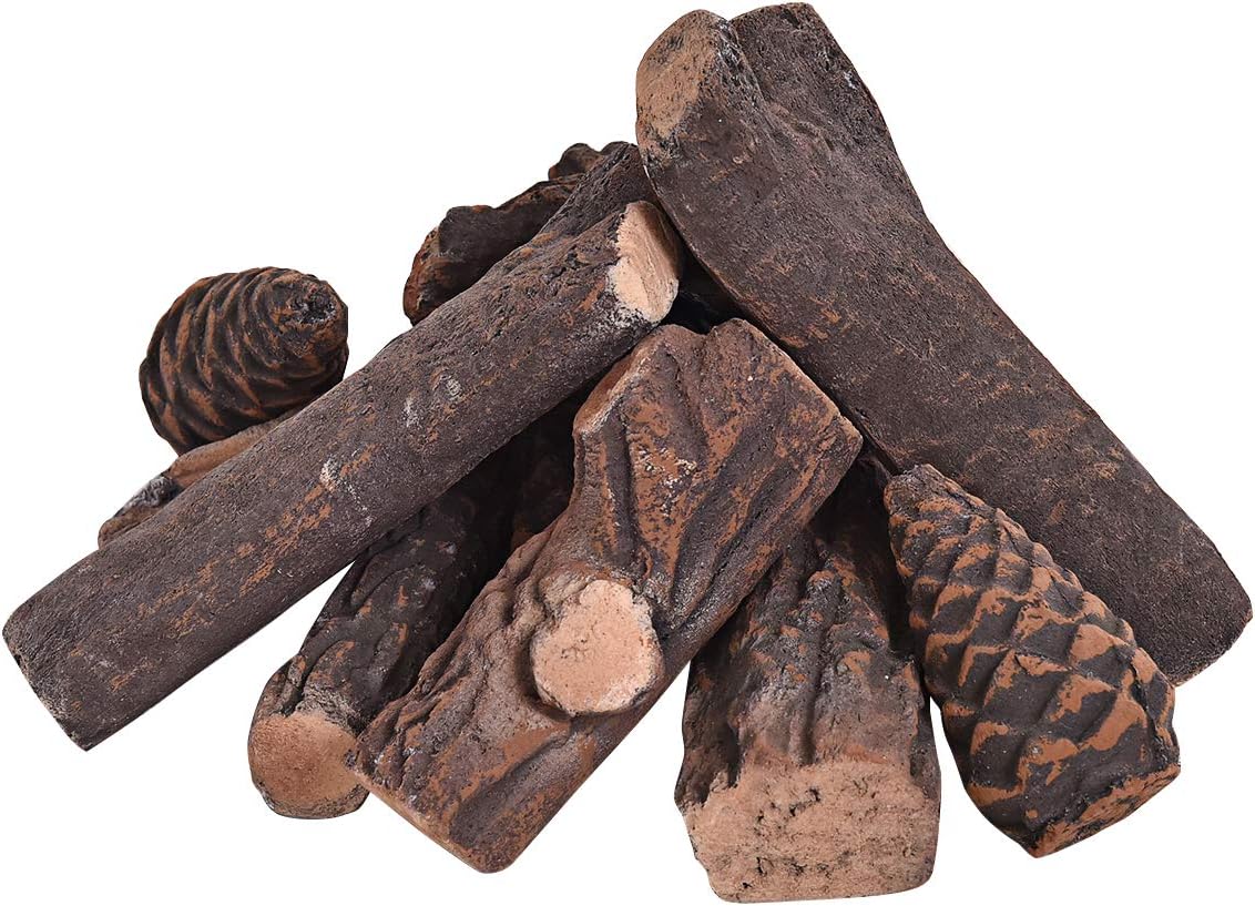 Goplus Ceramic Wood Gas Fireplace Log Set for Ventless, Propane, Gas, Gas Inserts, Vent-Free, Gel, Ethanol, Electric, Indoor, Outdoor Fireplaces and Fire Pits (9 PCS)