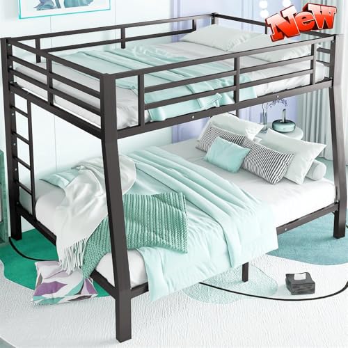 Latest Upgraded & Stronger Metal Full XL Over Queen Bunk Bed, Heavy Duty Thickened More Stable Bunk Queen Bed Bunkbed with Reinforced Slats & Ladders (Easier to Assemble) (Full XL over Queen)
