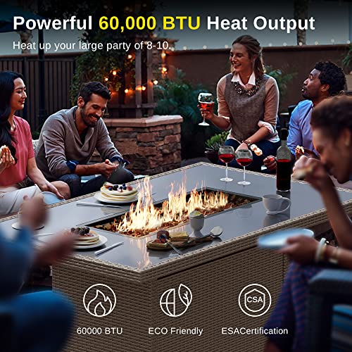 EAST OAK 52'' Propane Fire Pit Table, 60,000 BTU Gas Firepit W/Large Tempered Glass Tabletop, CSA Certified Outdoor Patio Fire Table with 9.2 lbs Glass Stone & Removable Lid, Grey