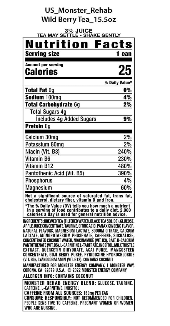 Monster Rehab Wild Berry Tea + Energy, 15 fl oz (Pack of 24)