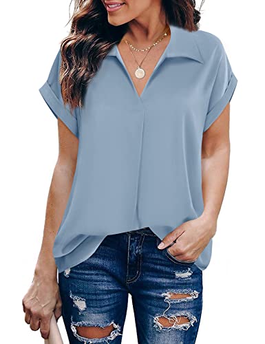 Gaharu Women's Summer Work Blouse V Neck Short Sleeve Lapel Shirt Top Tunic