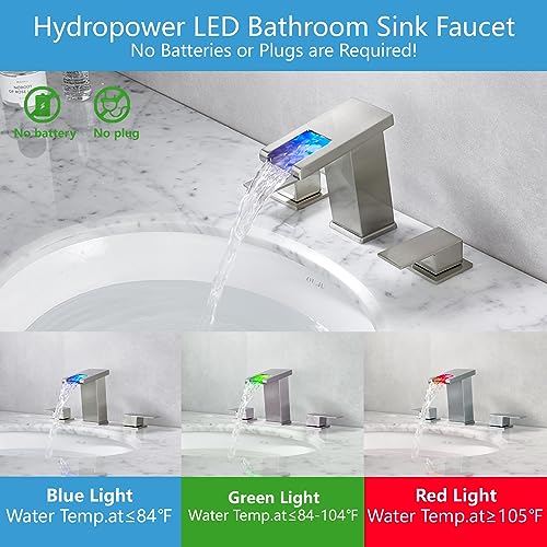Widespread Faucet with LED light for 3 Hole Chrome, 8 inch Widespread Modern Waterfall Bathroom Faucet with Pop Up Drain and Supply Hose, Waterfall Bathroom Sink Faucet Vanity Faucet