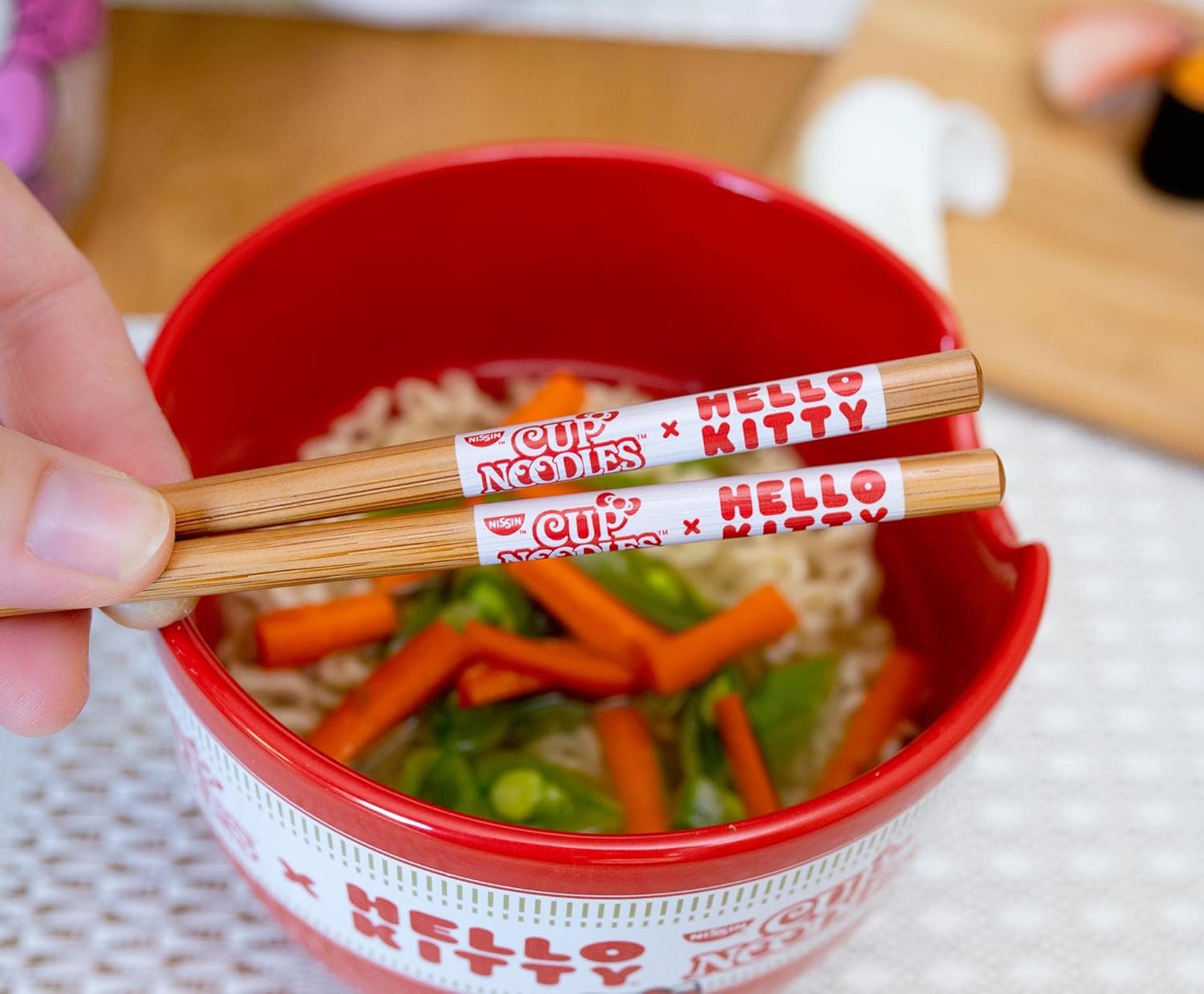 Silver Buffalo Sanrio Hello Kitty x Nissin Cup Noodles Red Ceramic Dinnerware Set | Includes Ramen Noodle Bowl and Wooden Chopsticks