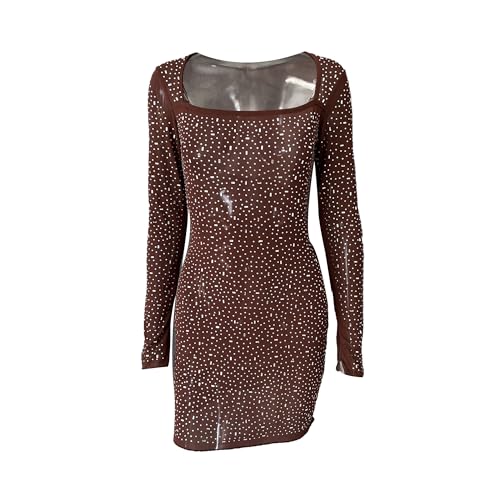 Women Long Sleeve Sequin Short Dress Sparkly Glitter Square Neck See Through Dress Sexy Party Club Cocktail Mini Dresses
