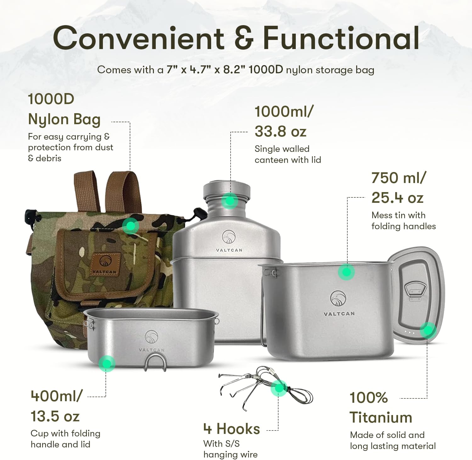 Valtcan Titanium Canteen Military Mess Kit 1100ml 37oz Capacity with 750ml and 400ml cookware Cups