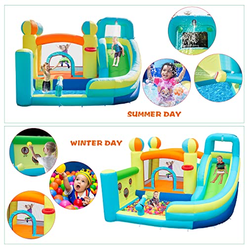 Inflatable Water Slide Park with Splash Pool for Kids,Climbing Wall,Bounce House with Ball Shooting,Kids Bouncy Castle with Air Blower for Outdoor Backyard