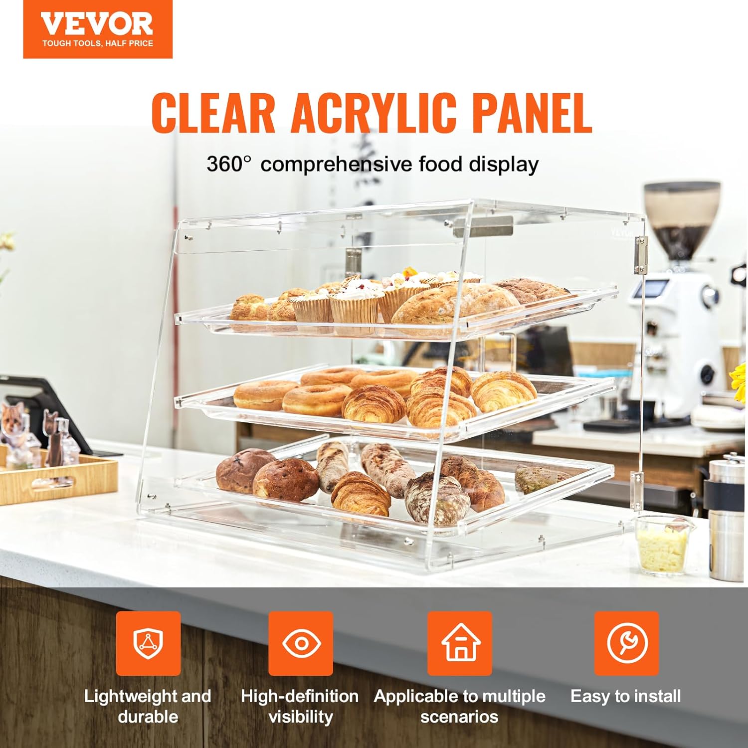 VEVOR Pastry Display Case, 3-Tier Commercial Countertop Bakery Display Case, Acrylic Display Box with Rear Door Access & Removable Shelves, Keep Fresh for Donut Bagels Cake Cookie, 20.7