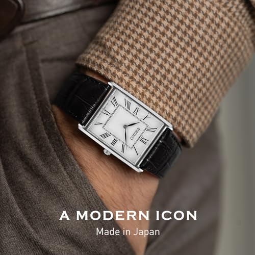 SEIKO Essentials Watch for Men - Essentials - Water Resistant with Stainless Steel Rectangular Case and Leather Strap
