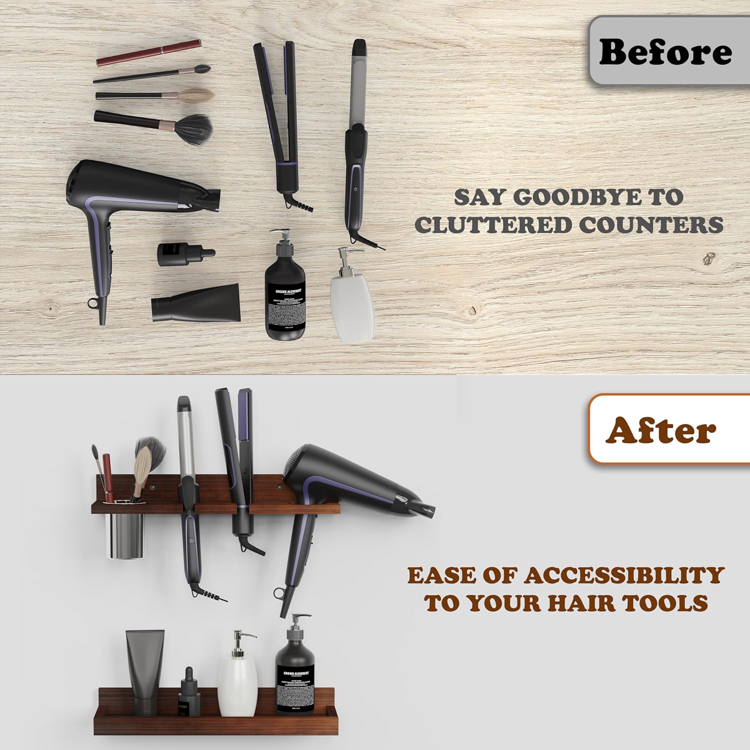 Wooden Hair Tool Organizer Wall Mounted, Hair Dryer Holder, Bathroom Hair Care Storage, Hair Product Organizer, Makeup Holder, Brush Stand, Curling Iron Holder, Heat Tools and Styling Organizers