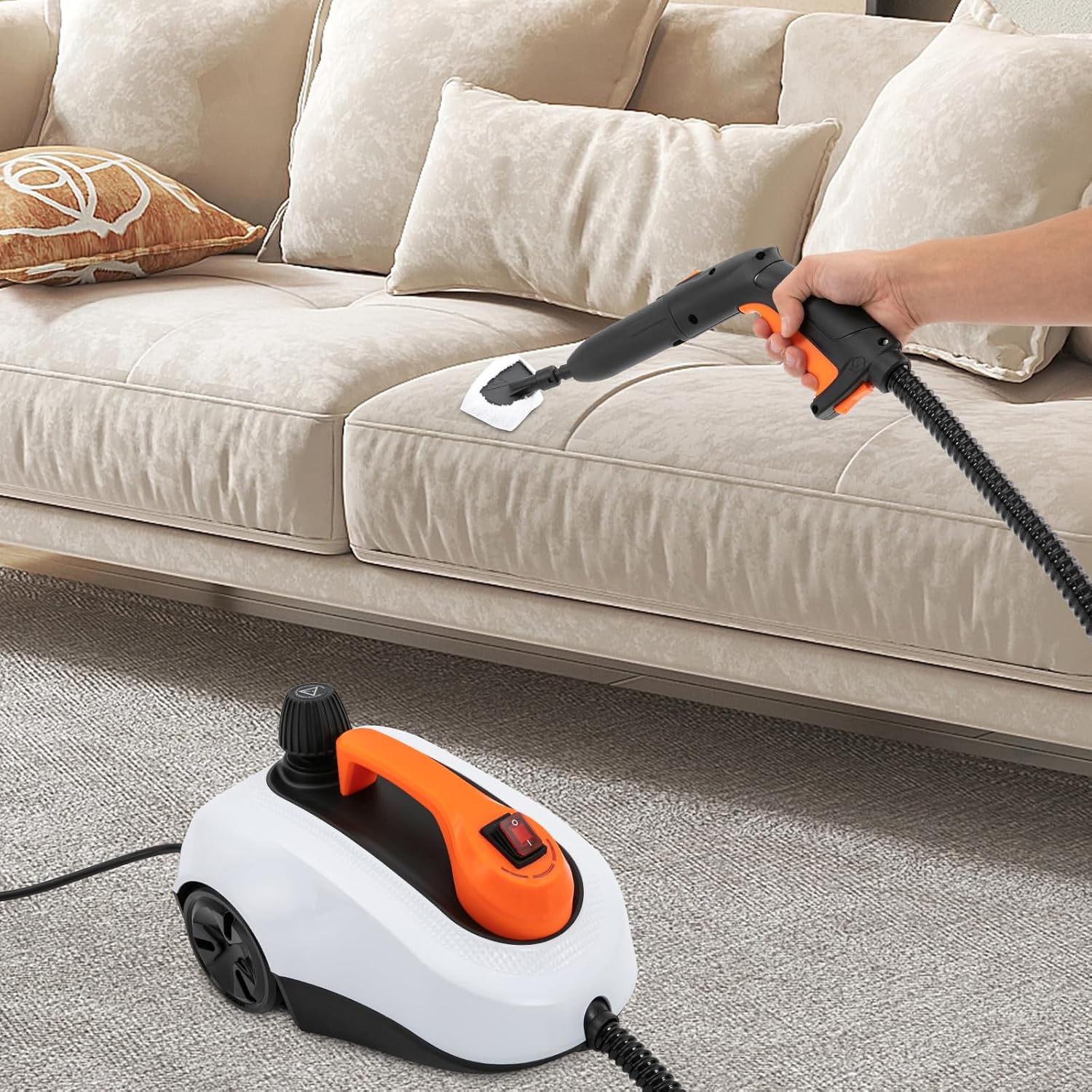 Electric Household Steamer, Steam Cleaner with Towel Cover & Measuring Cup & Ironing Brush Floor Steamer Rolling Cleaning Machine for Car Interiors Furniture Surfaces 14.5×10.2×9.4Inch