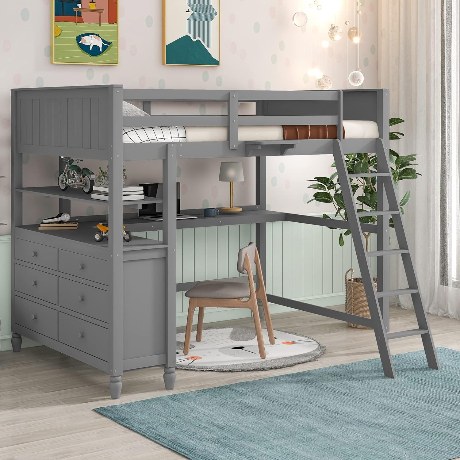 Wooden Loftbed, Full Size Loft Bed with 6 Storage Drawers and Built-in Desk, Solid Wood Loft Bed Frame with Shelves and Convertible Ladder for Kids Boys Girls, No Box Spring Needed, Gray