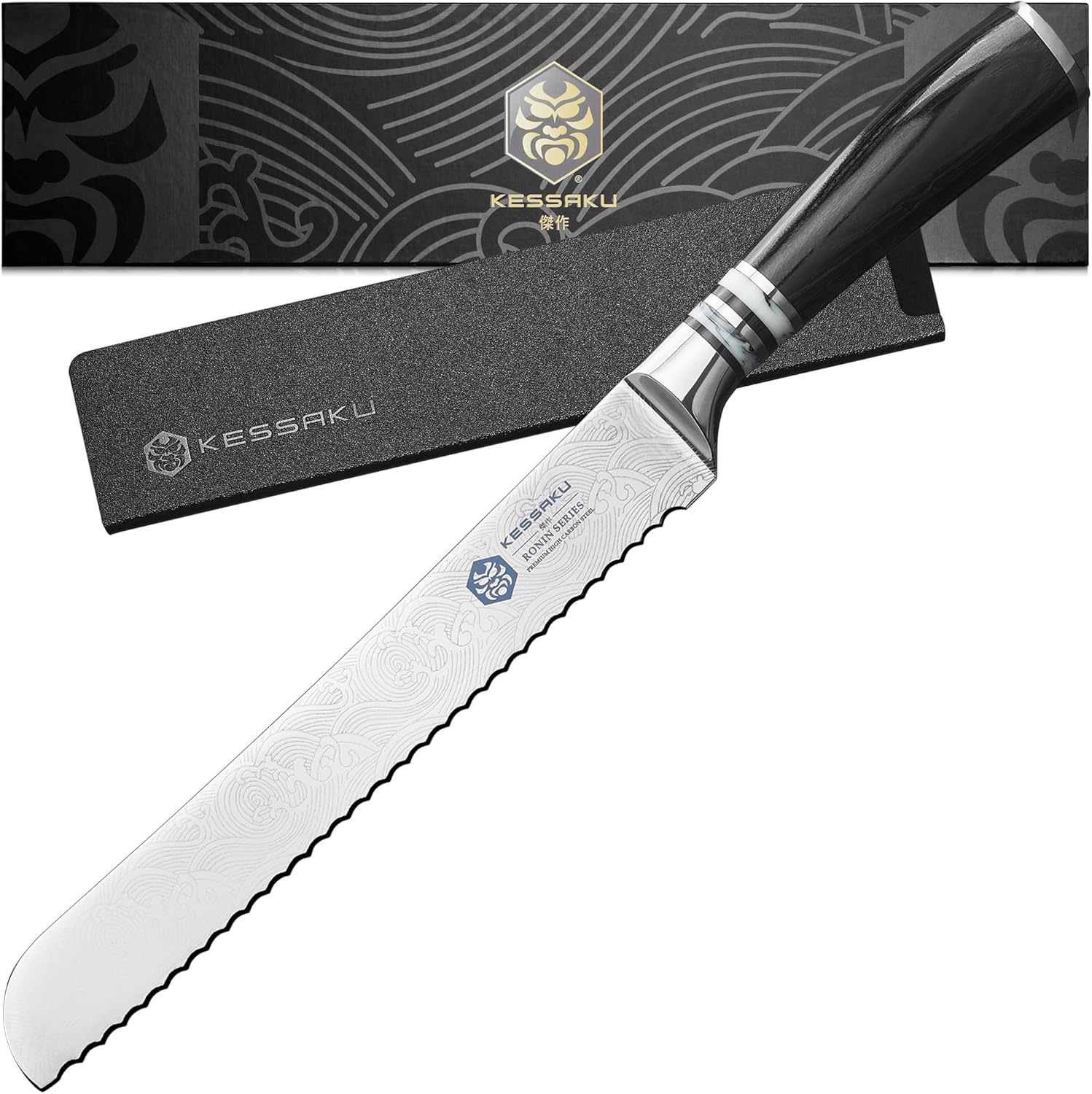 8-Inch Serrated Bread Knife - Ronin Series - Forged High Carbon 7Cr17MoV Stainless Steel - Pakkawood Handle with Blade Guard
