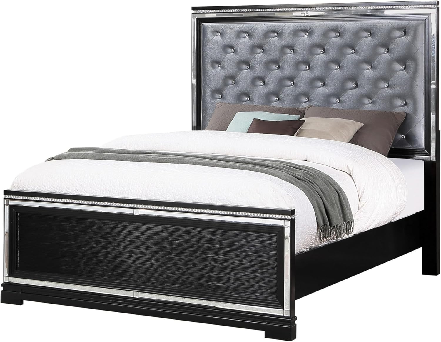 Benjara Axl Foam Queen Bed, Tufted Headboard, Velvet Upholstery, Frame, Silver and Black