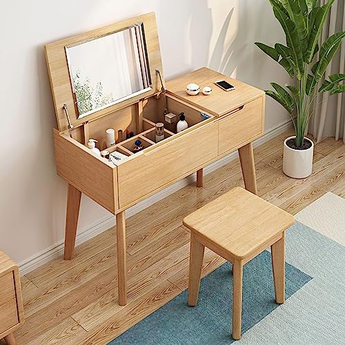 Solid Wood Dressing Table, Mini Minimalist Small House, Flip Top Storage Makeup Table Mirror, Bedroom Furniture with Drawers and Sorting Storage Compartments