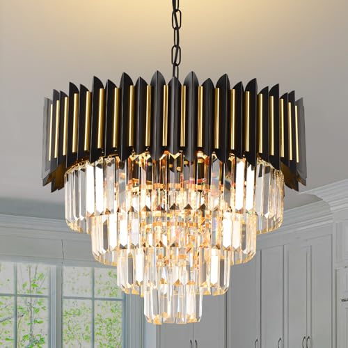 Modern Crystal Chandeliers for Dining Room Black and Gold Chandelier 3-Light Round Mini Small Crystal Chandelier Pendant Lights Ceiling Hanging Kitchen Island entryway Foyer Bedroom Living Room