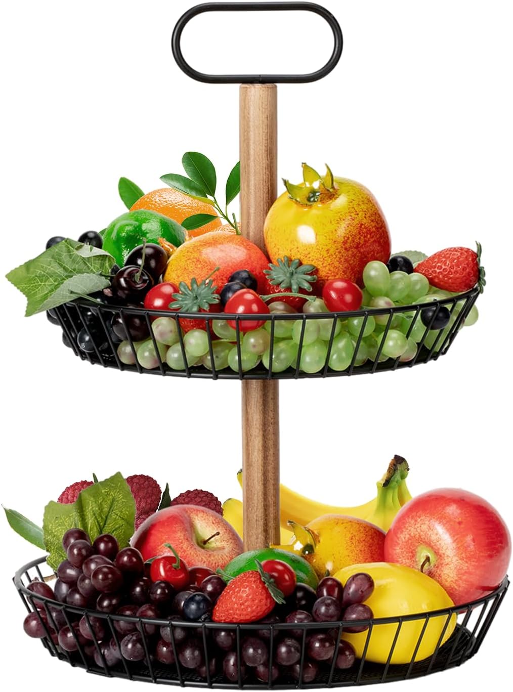 2 Tier Countertop Fruit Basket Bowl, Kitchen Counter Large Fruit Basket Metal Wire Storage Basket Fruits Stand Holder Organizer (Black)