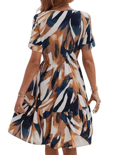 Milumia Women's Boho Tropical Print Button Front V Neck Short Sleeve Ruffle Hem A Line Short Dress