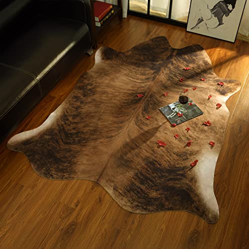 Modern Cowhide Rug Faux Cow Rug for Living Room 4.6x5.2ft Animal Rug White and Brown Cow Hide Rug Large Cow Print Rug Non Slip Area Rug Industry Style Western Rugs