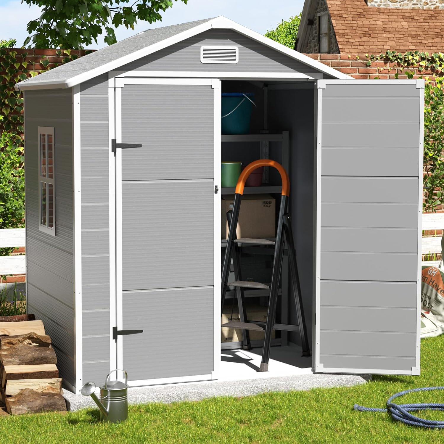 Outdoor Storage Shed, 6x4.5 FT Resin Shed with Floor and Lockable Door, Window & Vents, Tool Sheds & Outdoor Storage for Bike, Garbage Cans,Garden Accessories, Waterproof (Grey & White)
