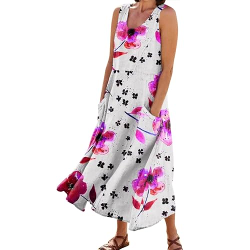 Boho Dresses for Women 2024 Summer Beach Flowy Sleeveless Sun Dresses Maxi Casual Loose Dresses Linen Sundresses with Pocket
