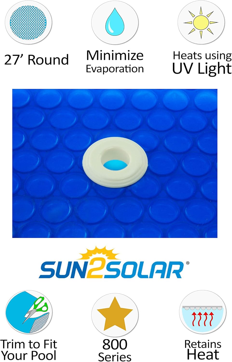 Sun2Solar Blue 27-Foot Round Solar Cover Heat Retaining Blanket | 800 Series with 6-Pack of Heavy-Duty Grommets Bundle | for In-Ground and above-Ground Round Swimming Pools | Place Bubble-Side Down