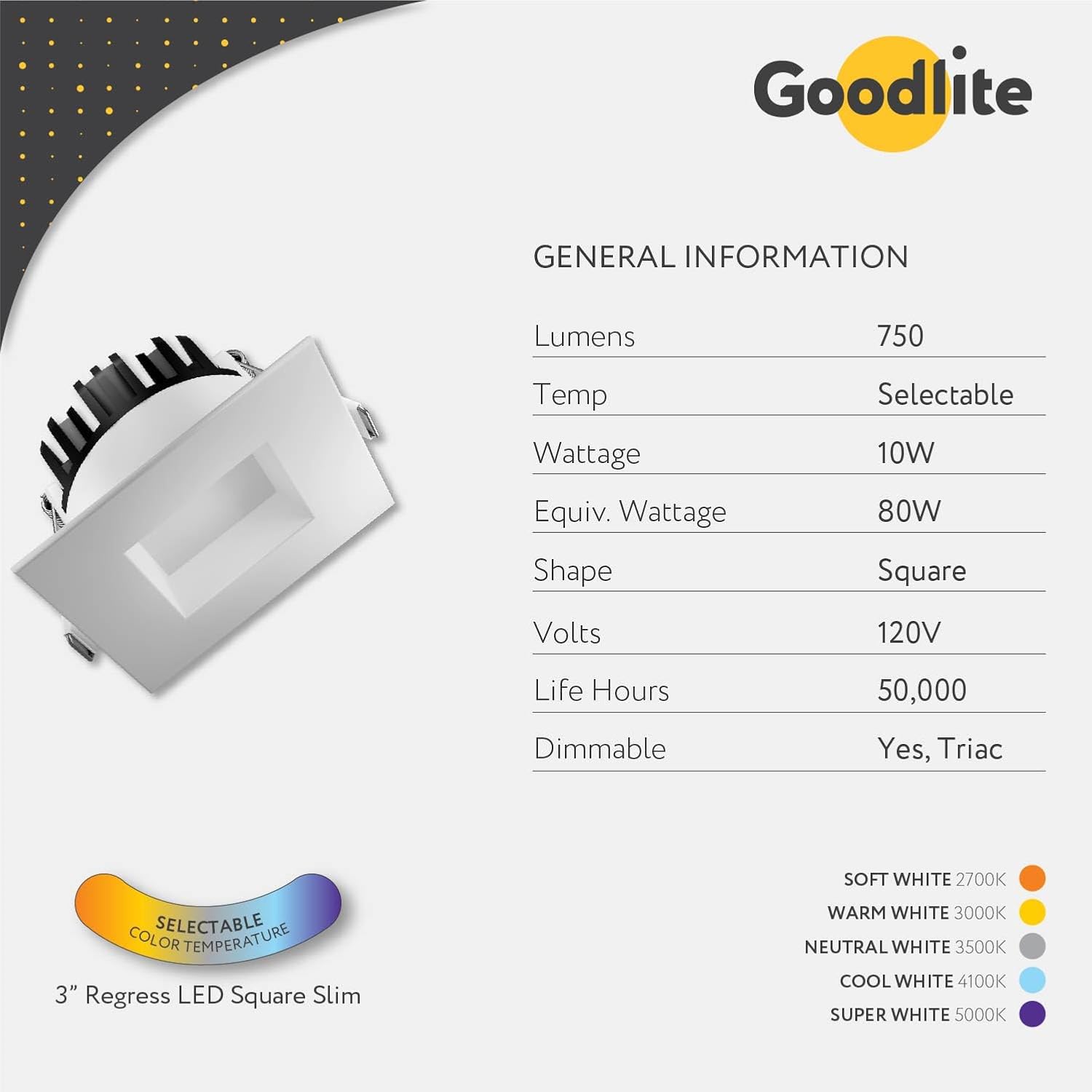 Goodlite G-48338 LED Square Slim Ceiling Light: 3-inch Regress Design, 10W (80W Equivalent), 750 Lumens, Smoothly Dimmable, IC Rated with Junction Box, 5CCT Selection from Warm 2700K to Bright 5000K