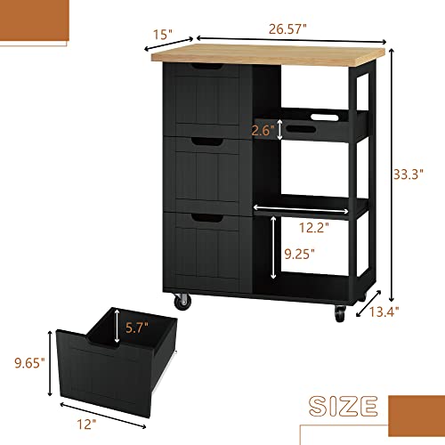 SUNLEI Kitchen Island Rolling Cart with Storage Cabinet, Utility Cart on Lockable Wheels with 3 Drawers, Open Shelves & Towel Handle for Kitchen, Living Rooms, Bars (Black)