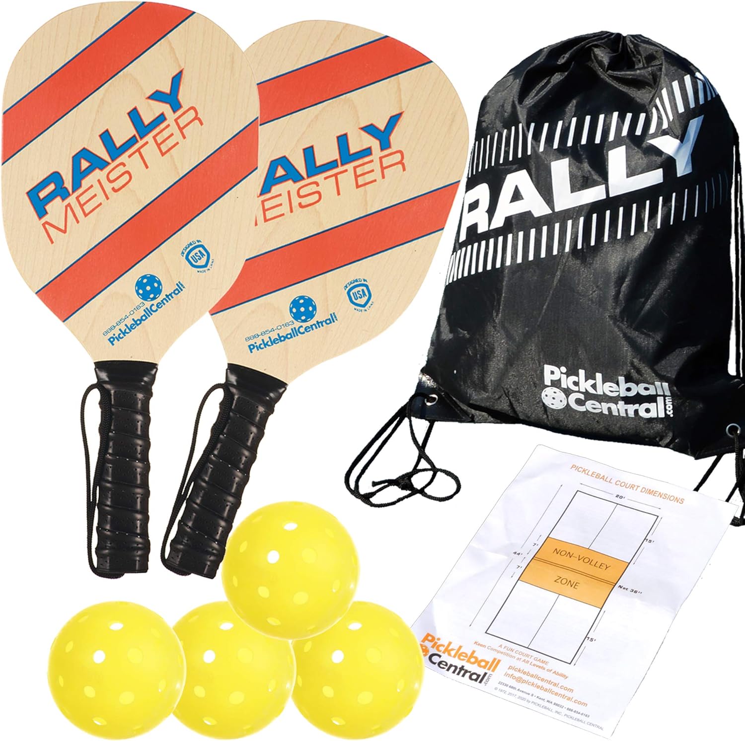 Rally Meister Beginner Wood Pickleball Paddle Set for 2 Players (2 Paddles + 4 Outdoor Pickleballs + Drawstring Bag + Rules/Strategy Guide)