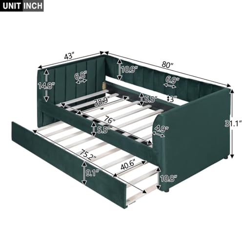 Twin Size Daybed with Trundle, Velvet Upholstered Day Bed Frame Bottom Tufted Sofa Bed Mid-Century Design for Bedroom Living Room Guest Room (Green)