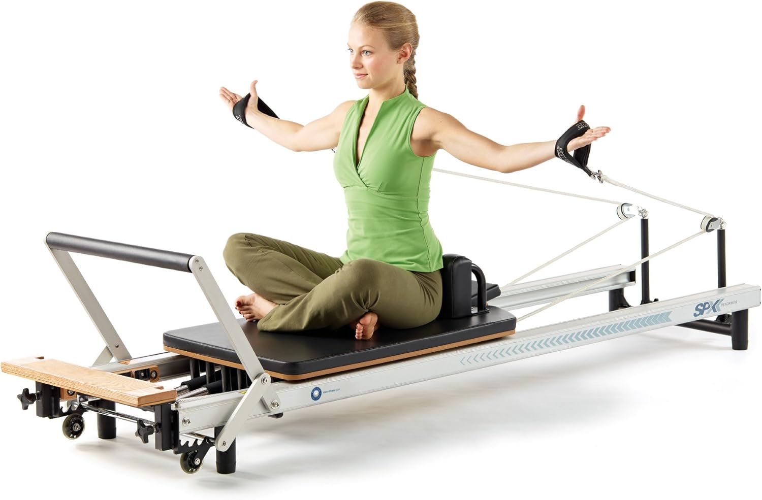 Merrithew™ At Home SPX® Reformer Package with Reformer Box, Footstrap, Padded Platform Extender and Metal Roll-up Pole – Pilates Workouts at Home(BLACK)