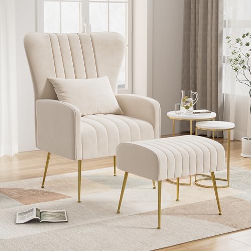 Velvet Accent Chairs with Ottoman Set of 2, Wingback Chair and Ottoman Set, Comfy Reading Armchair Club Coffee Chair with Gold Legs for Living Room Bedroom, Black