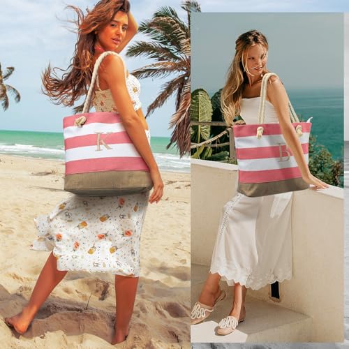 Initial Beach Tote Bag Blue Beach Gifts Zipper Makeup Bag Personalized Birthday Gifts for Women Her Mom Friend