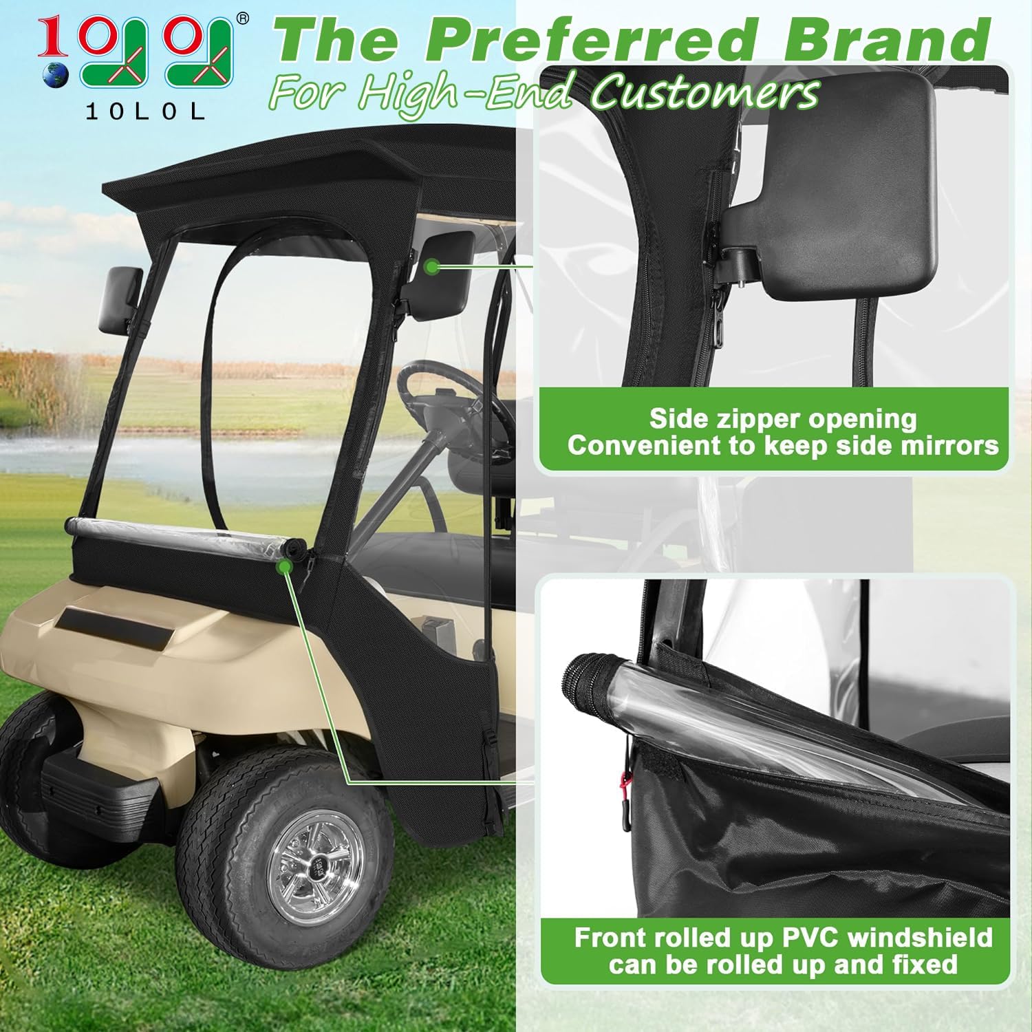 10L0L Golf Cart Enclosure 4 Passenger 600D for Club Car DS, with Security Side Mirror Openings and Taillight Visible, Waterproof Windproof Portable Transparent Golf Cart Rain Cover