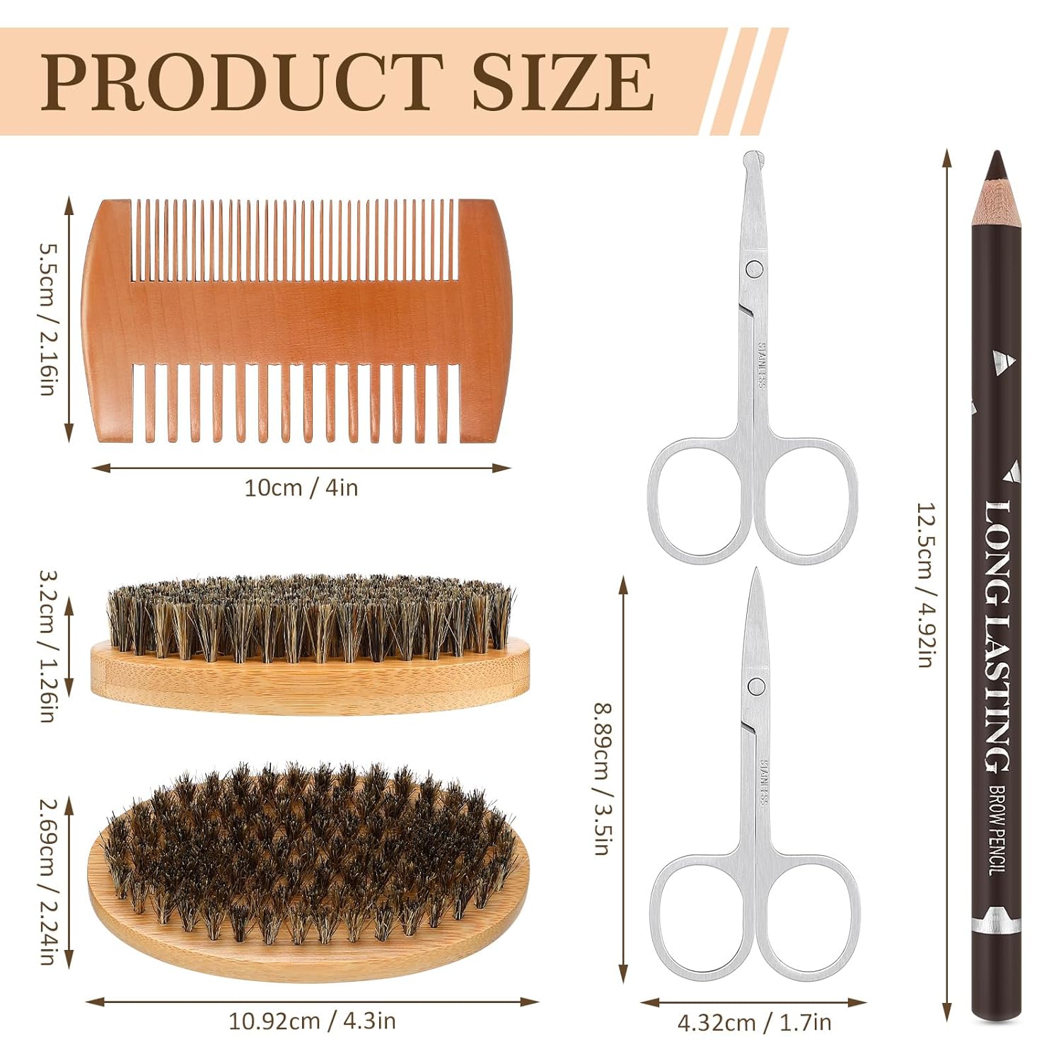 18 Pcs Beard Brush Beard Comb Barber Pencil with Sharpener Set for Men Mustache Scissors Grooming Kit, Natural Boar Bristle Brush, Dual Action Wood Comb, Guide Beard Hairline Shaping Pencils