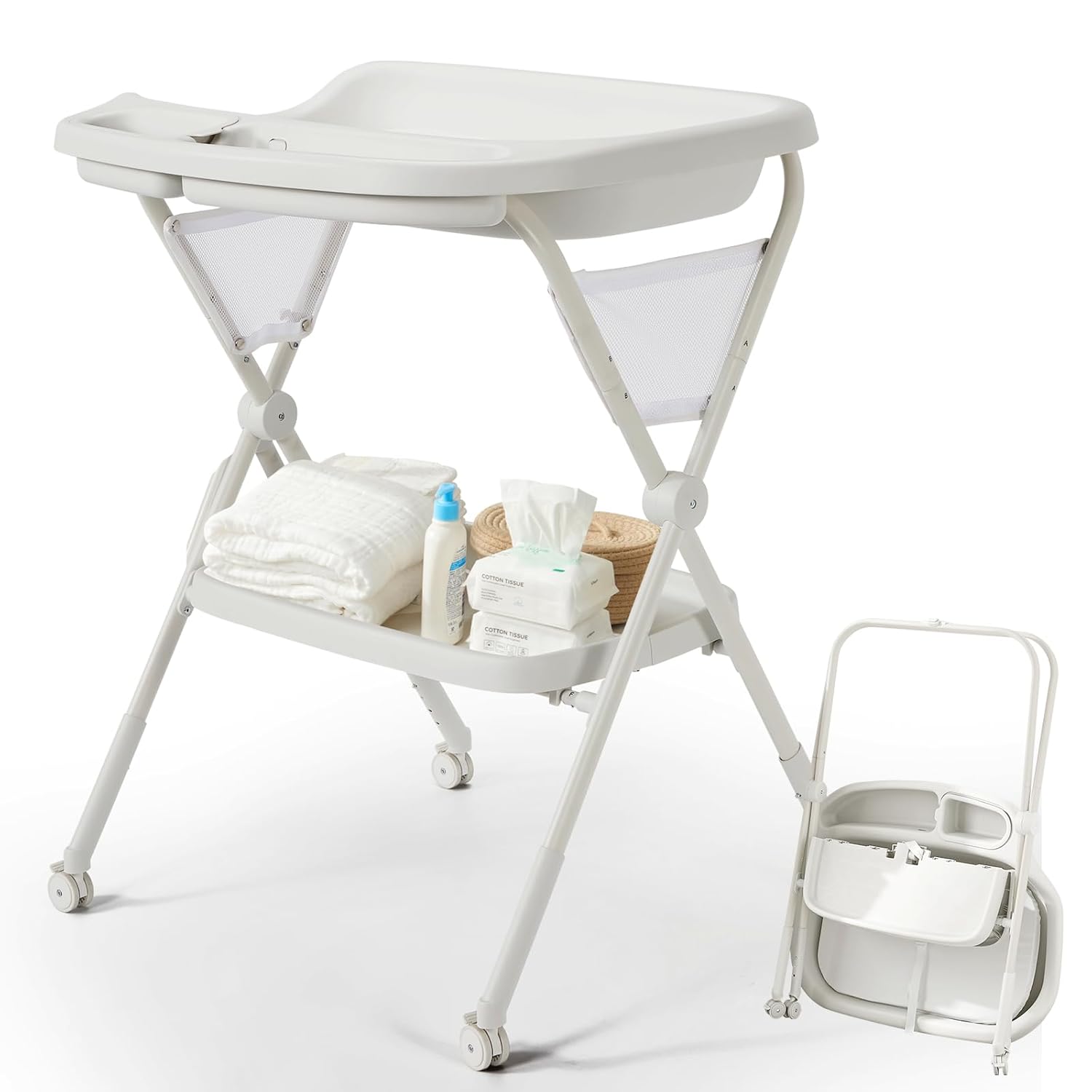 Baby Changing Table with Wheels, Foldable Adjustable Height Diaper Changing Tables with Changing Pad & Storage Rack Diaper Station for Newborn Baby and Infant, Light Grey