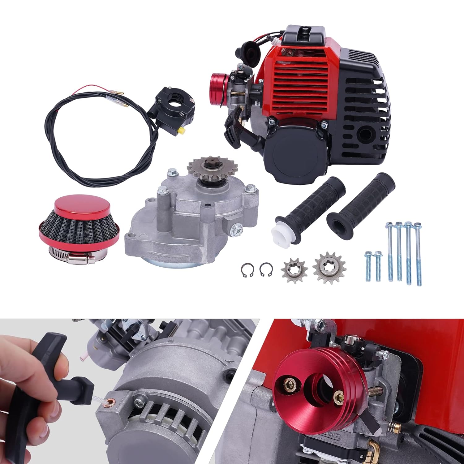 49CC 2 Stroke Gas Powered Engine Motor Kits Single Cylinder Air-Cooled Pull Start (for Vapor Scooter Pocket Motorcycle) Red