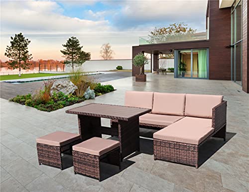 5 Pieces Patio All Weather Rattan Wicker Sectional Dining Sets with Poly Wood Table, Outdoor Furniture Cushioned Sofa Sets with Ottomans and Lounge Sofa (Light Gray Wicker + Dark Gray Cushion)