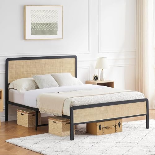 Queen Bed Frame with Rattan Headboard and Footboard, Rattan Bed Frame Queen with Strong Metal Slats Support, Cane Bed Frame Queen with Rounded Corners, No Box Spring Needed, Black