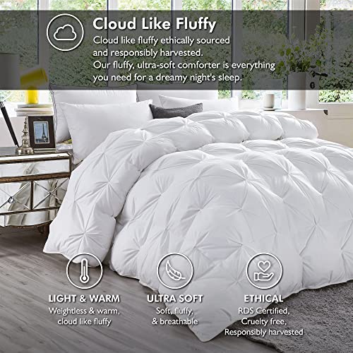 Luxurious Goose Down Feather Fiber Comforter Queen Size All-Season Duvet Insert, Premium Baffle Box, 100% Egyptian Cotton Cover, 65 oz Fluffy Fill Weight - White Pinch Pleat