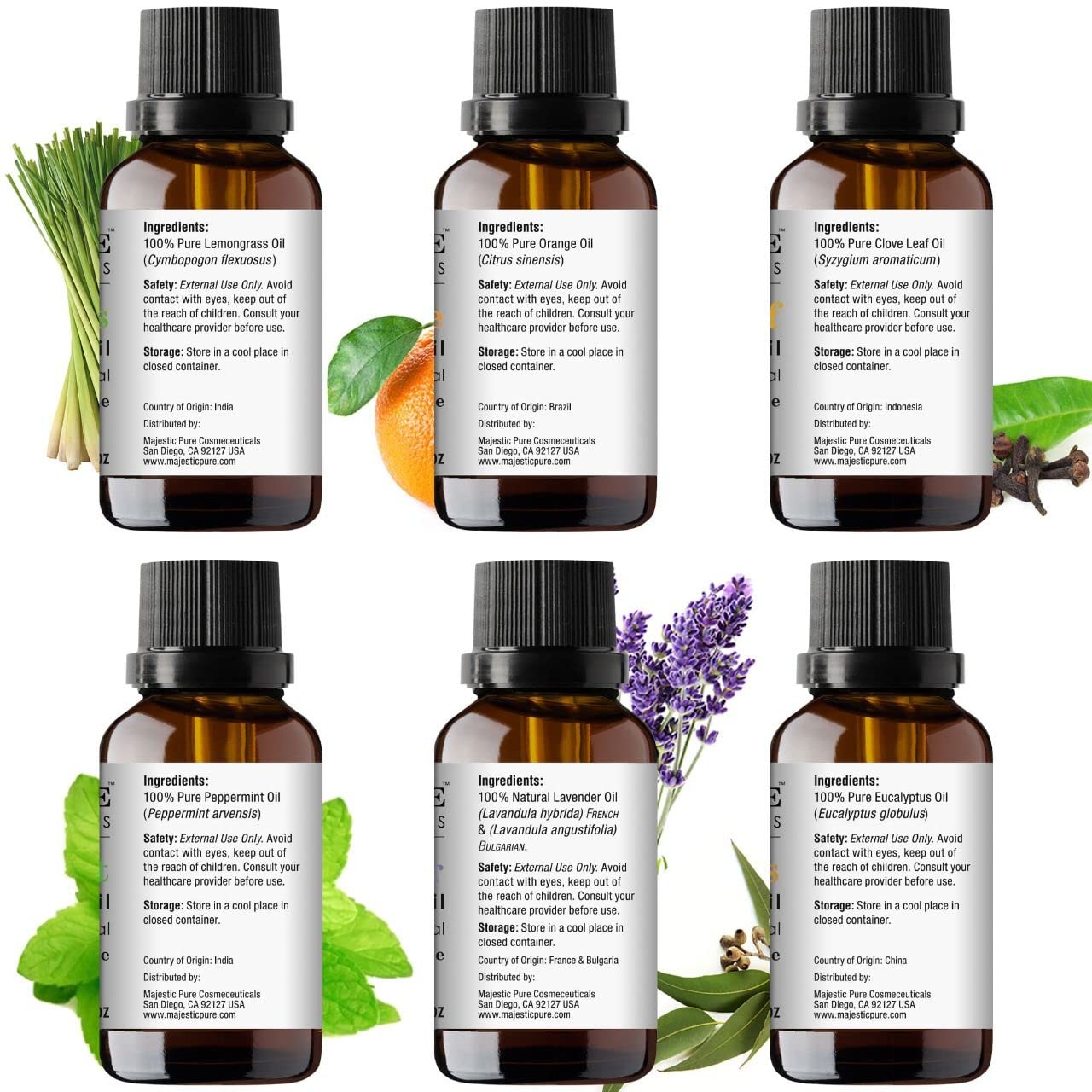 MAJESTIC PURE Aromatherapy Essential Oils Set, Includes Lavender, Peppermint, Lemongrass, Orange, Eucalyptus & Clove Oils - Pack of 6-10 ml Each
