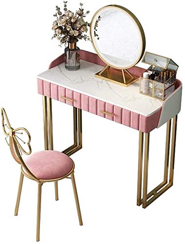 Luxury Dressing Vanity Table w/Stool for Bedroom, Modern Minimalist Light Luxury Nordic Marble Surface Dressing Table Bedroom Mini Bay Window Makeup Table(Style 1 (100cm))