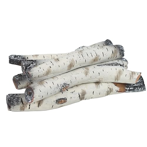 Gas Fireplace Log Set Ceramic White Birch for Indoor Insert, Vented, Propane, Electric Gas Fireplace, Linear Fire Pits Ceramic Fiber, Fireplace Decor Large Birch Logs for Smoke Hollow Grill, 6PCS