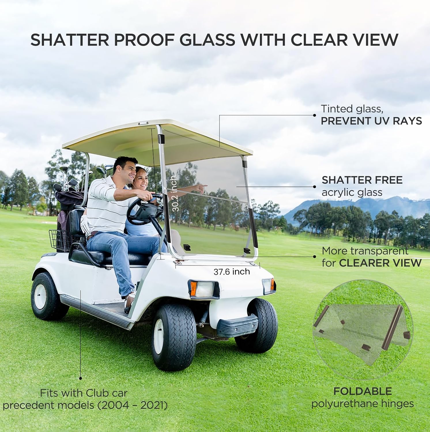 Club Car Precedent Windshield for 2004 and Up Models Golf Cart Windshield Club Car Windshield Replacement with Tinted UV Protection Impact Resistant Acrylic and Foldable Golf Cart Front Windshield