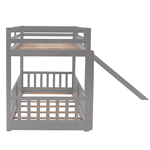 Twin Over Twin Bunk Bed with Slide and Ladder, Functional Playhouse Design Wood Bed Frame with Full-Length Guardrails, No Box Spring Required, 77.3