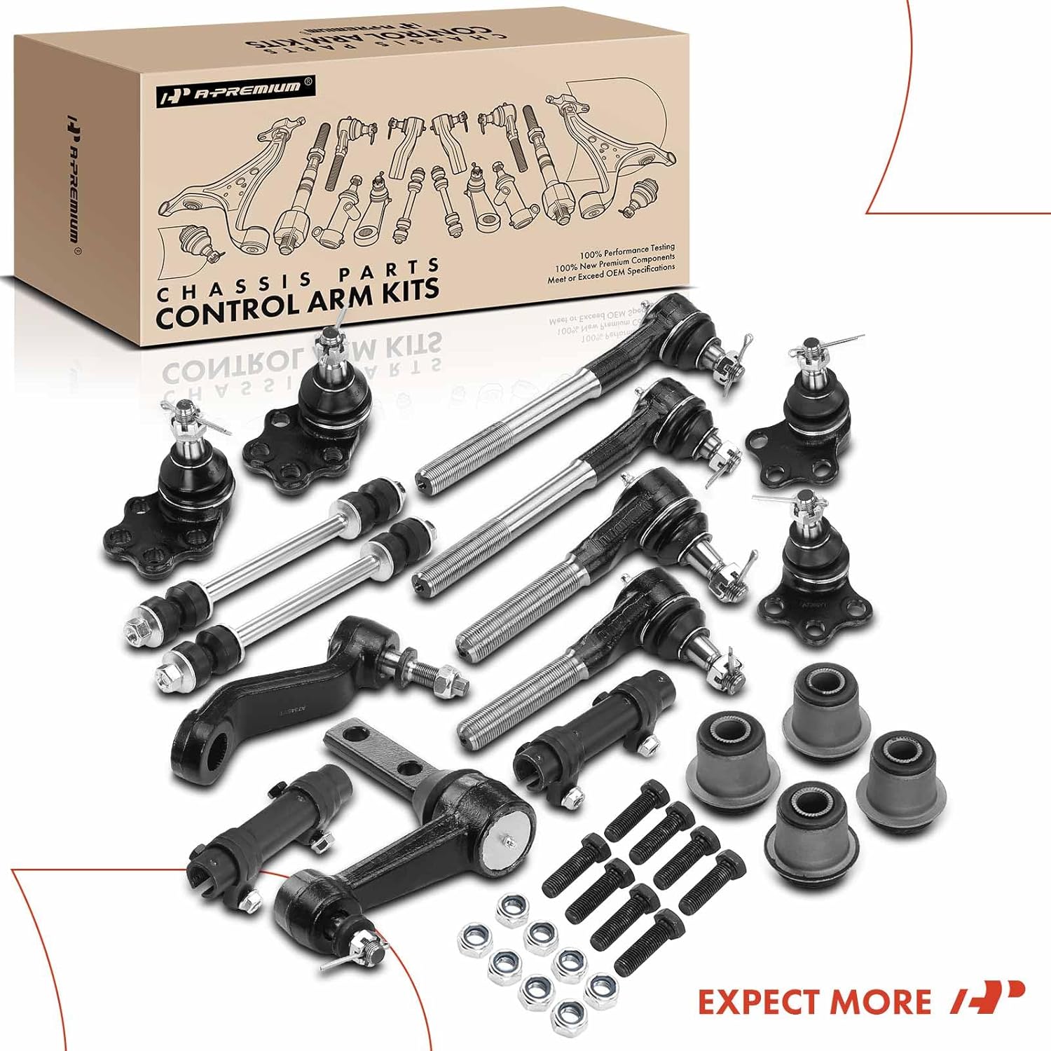 A-Premium Set of 16, Upper Lower Ball Joint, Inner Outer Tie Rod End, Sway Bar Link, Pitman Idler Arm, Bushing Compatible with Dodge Ram 1500 2000-2001 RWD